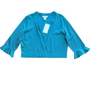 NWT Keren Hart Womens Teal Cropped Cardigan Ruffle 3/4 Sleeve Open Front Sz L